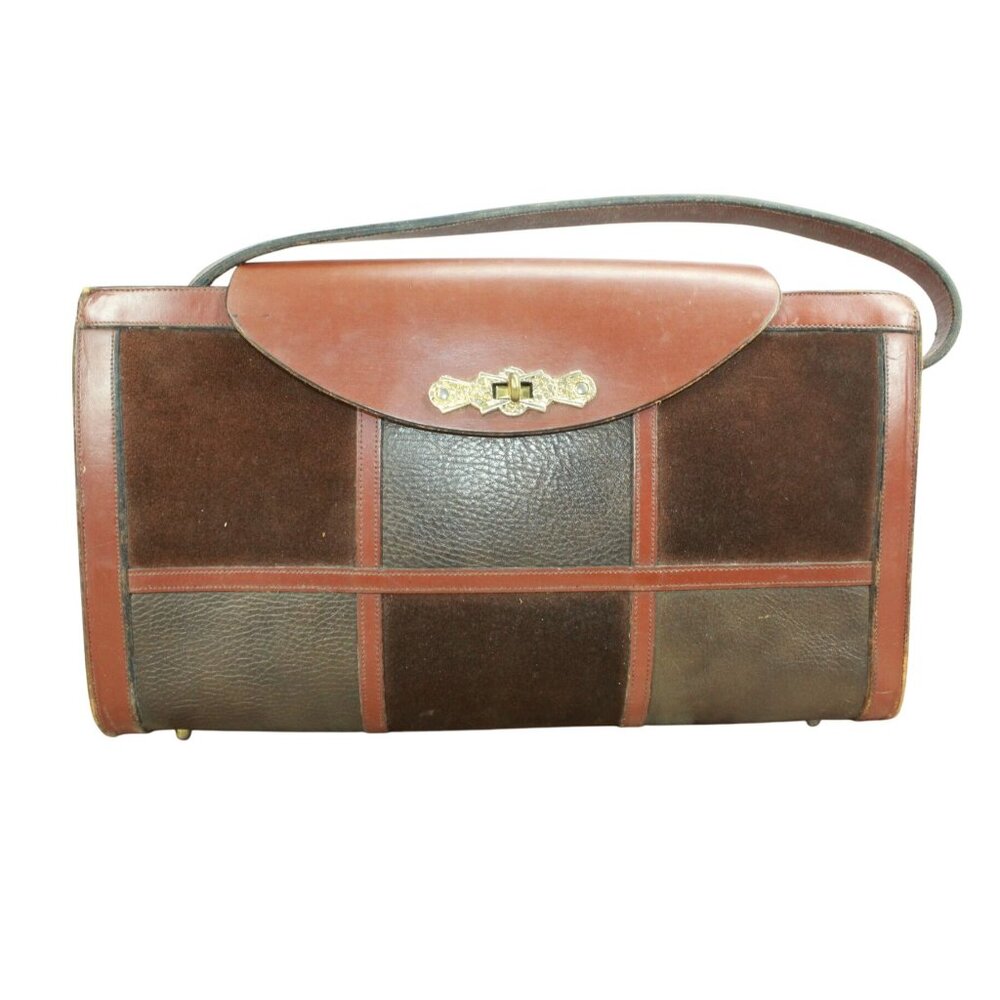 Vintage Patchwork Multi Brown Leather Suede Satch… - image 1